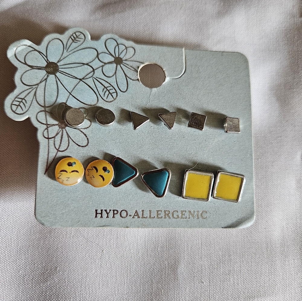 Kids Hypoallergenic Yellow & Teal Emoji and Shape Stud Earring Set